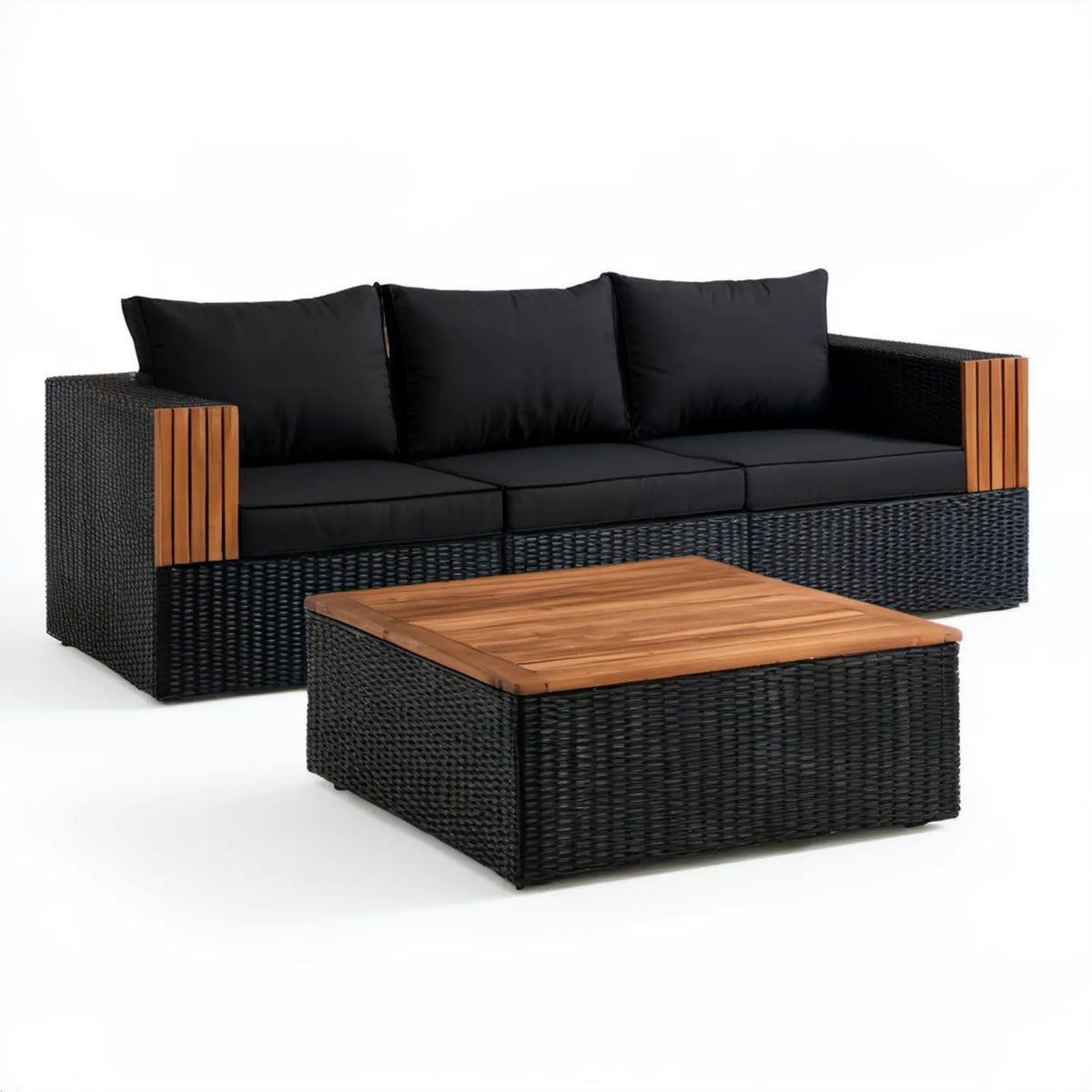 Czarny komplet ogrodowy z sofą 3-osobową 210 × 70 × 60 cm i stolikiem 70 × 70 × 30 cm, technorattan PE i akacja