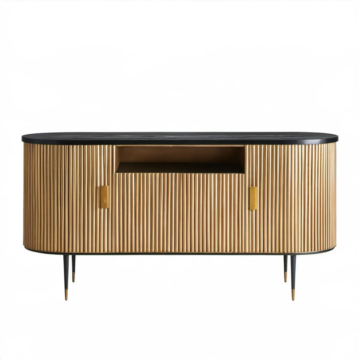 Owalna szafka RTV czarno-złota 160 x 40 x 75 cm z płyty MDF