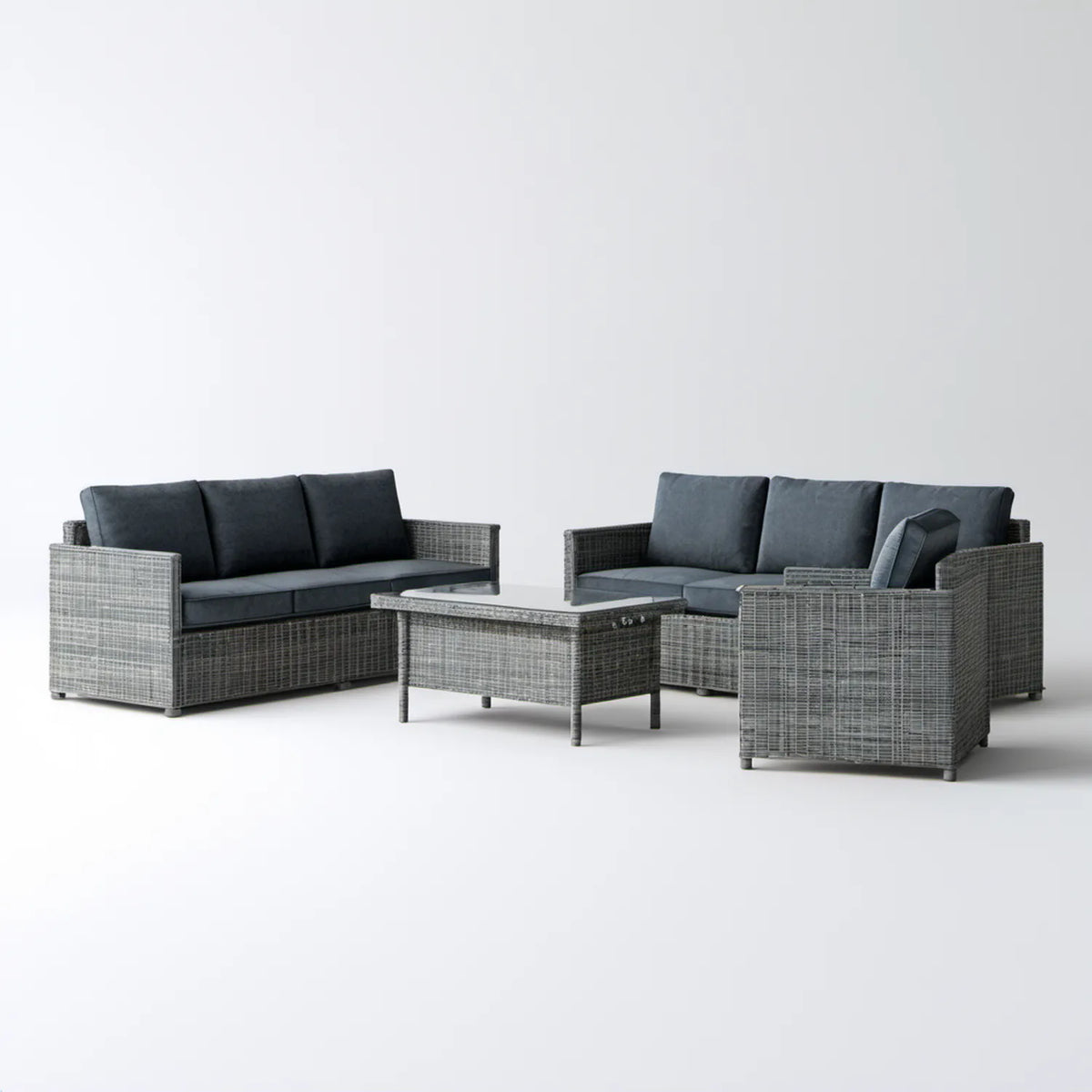 Szary zestaw z technorattanu PE: 2 sofy 3-osobowe i stolik, sofa 180 × 65 × 66 cm