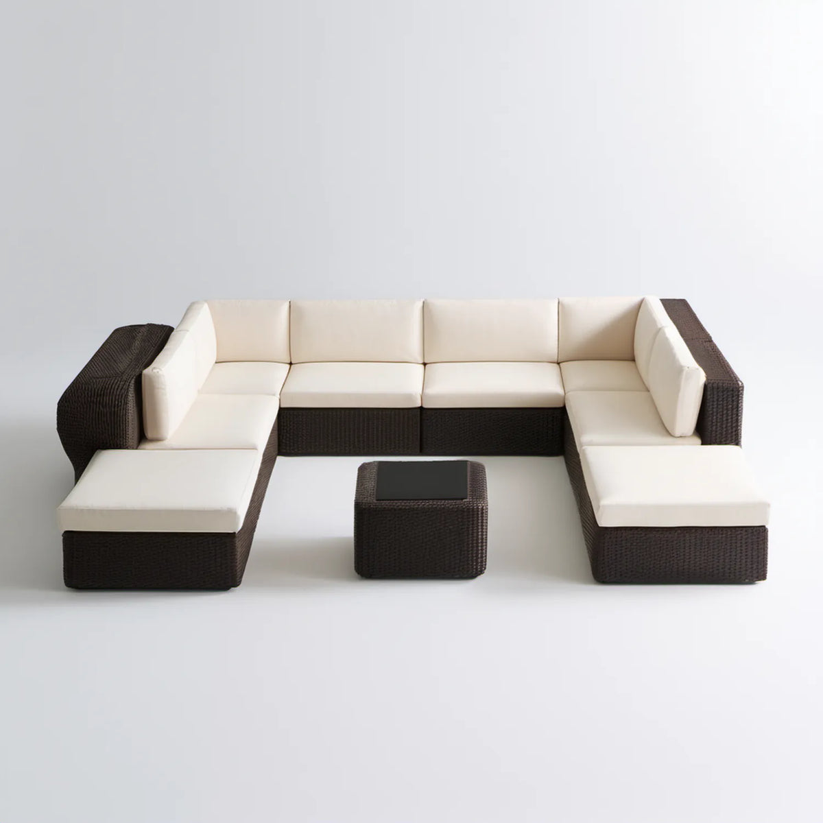 Ogrodowy narożnik modułowy z technorattanu 280 x 210 x 70 cm ze stolikiem, ciemnobrązowo-kremowy