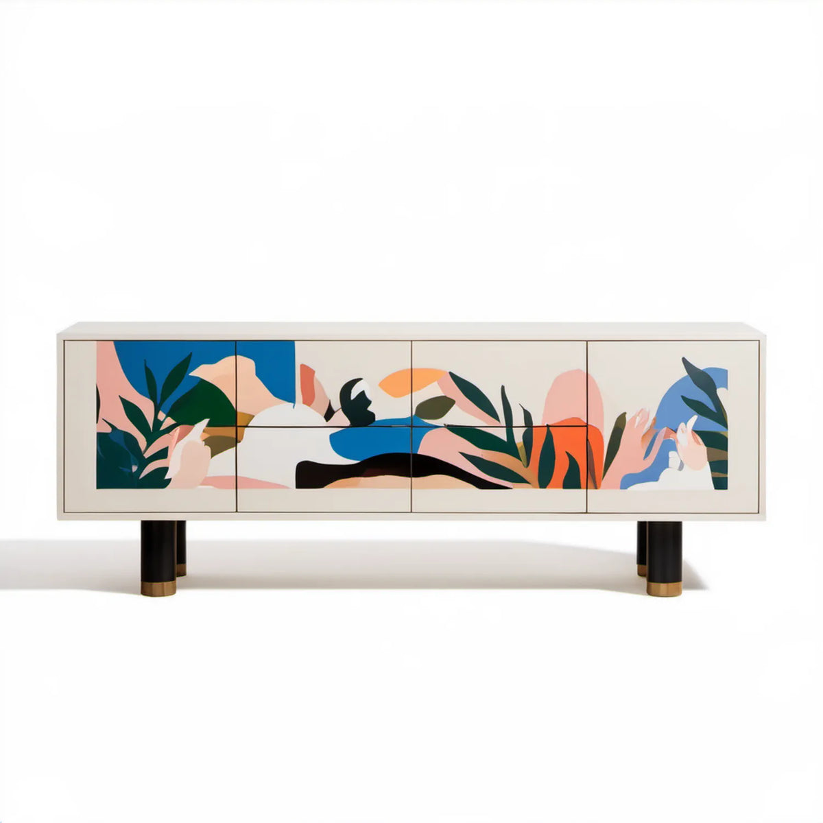 Kremowa szafka RTV z 4 drzwiami i wielobarwnym motywem roślinnym, 160 x 40 x 75 cm