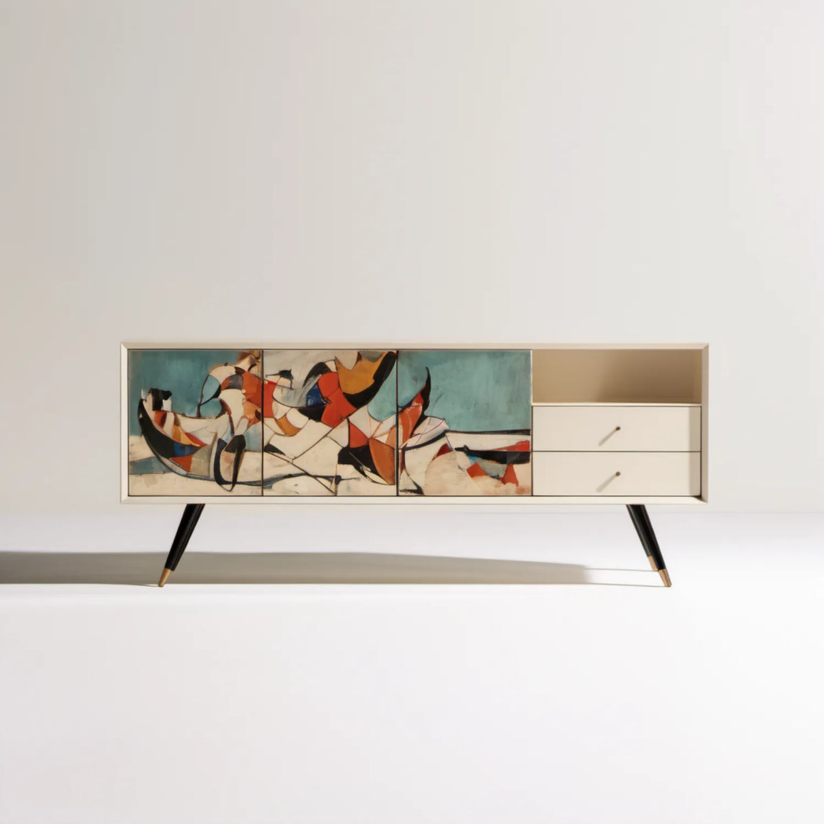 Kremowa szafka RTV z artystycznym nadrukiem 160 x 40 x 75 cm
